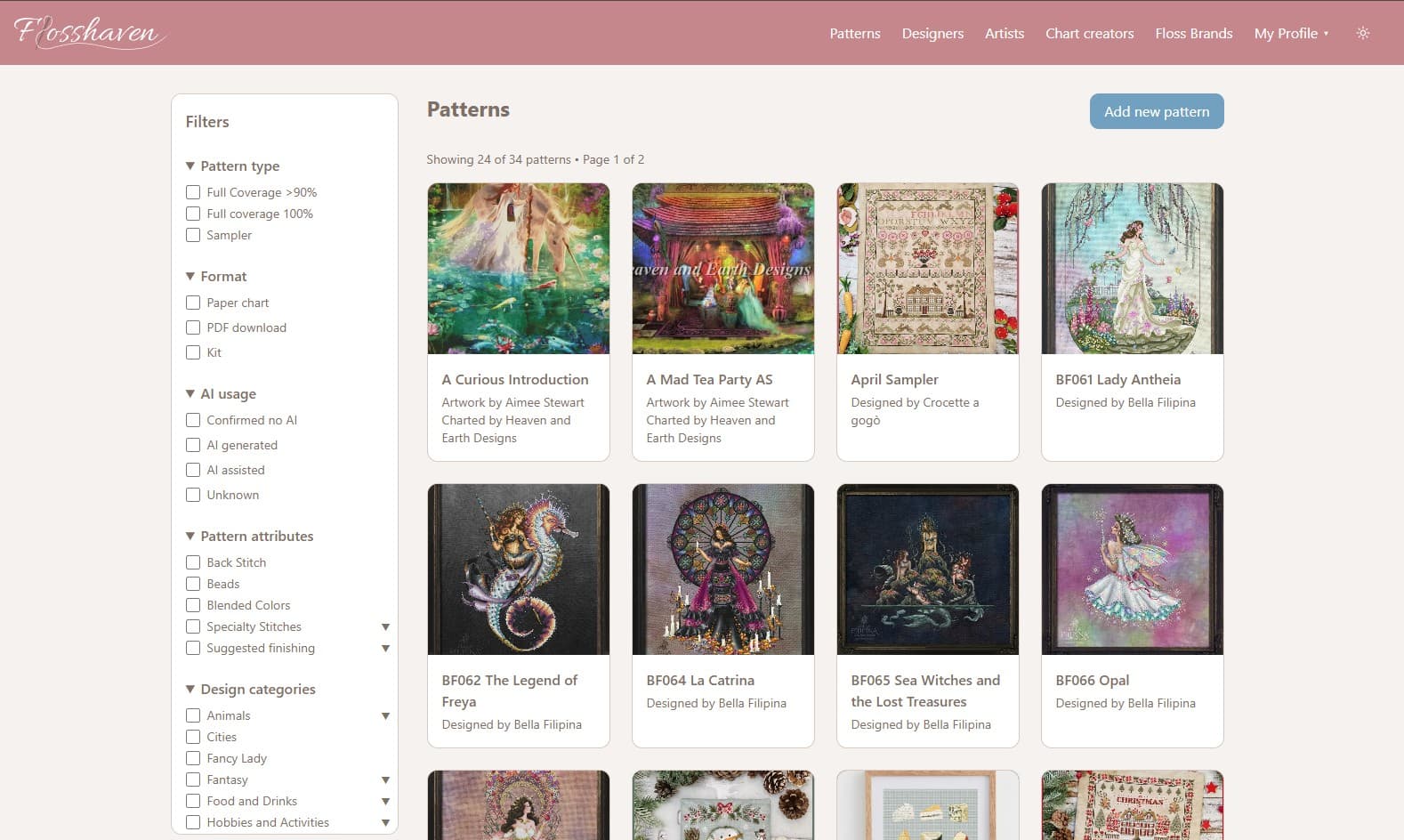 Flosshaven pattern search page with advanced filters