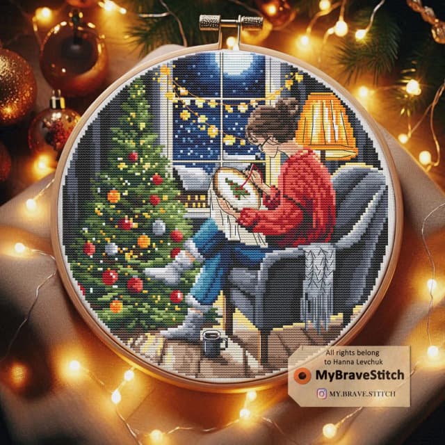 Thumbnail for Girl Stitching by the Christmas Tree